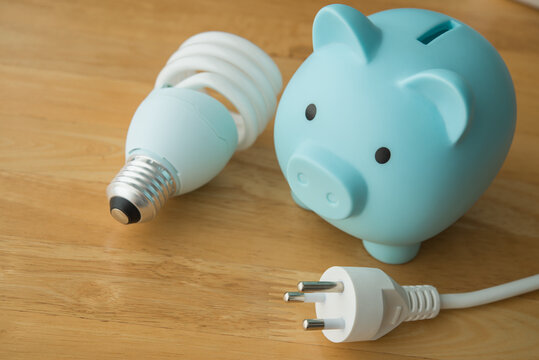 Piggy bank, light bulb and electrical plug on wooden table. Electricity bill prices increase, energy crisis in war, home financial management and planning, expense control and so on concept.