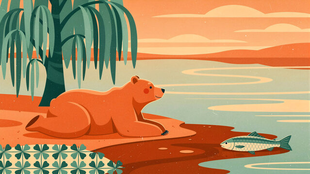 Stylized bear lying on a riverbank watching a fish swim. Artistic vector illustration featuring a willow tree and sunset over water. Nature wildlife concept for children's books and editorial design.