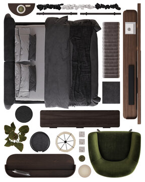 Interior Bedroom Design Furniture Pack &ndash; Top View, 3d rendering