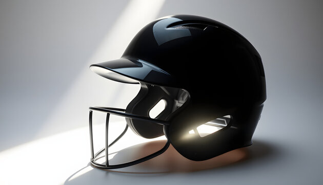 One black baseball helmet on white background, space for text, flat papercut style. White tone