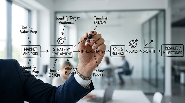 Business professional drawing a strategy development flowchart on a glass wall in a modern office setting.