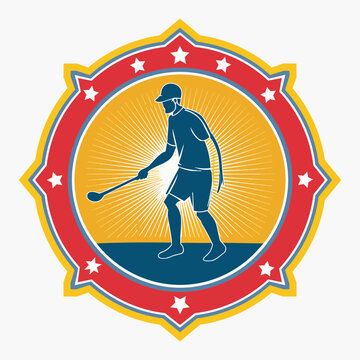 Vintage hurling athlete silhouette logo with sunburst rays and stars in a circular crest.