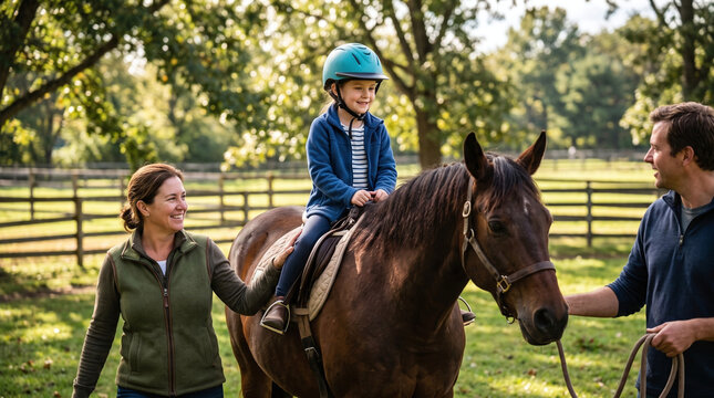 Happy girl riding horse in hippotherapy session with supportive adults