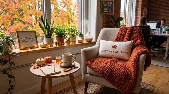 Workplace wellness corner inspires gratitude and mindful moments with fall accents.