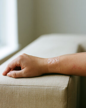 Hand arm forearm resting sofa living room linen tape skin close up