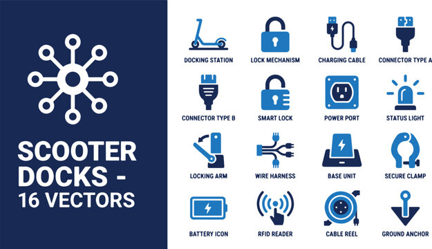Scooter docking station vector icon set featuring smart lock charging cable power port battery rfid reader and transport infrastructure symbols