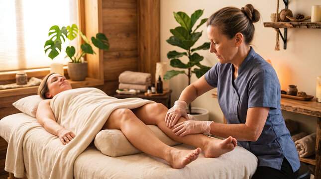Therapist performing lymphatic drainage massage on a client's leg in spa.