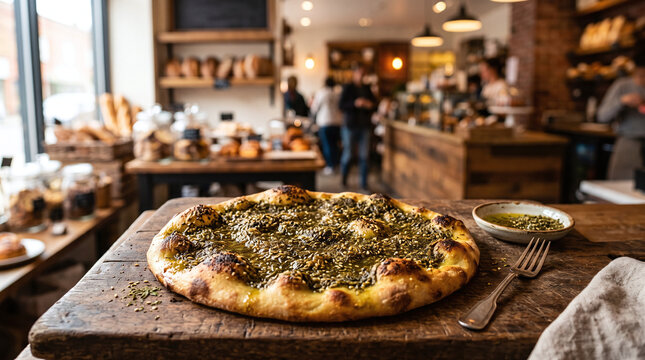 Freshly baked Lebanese manakish zaatar flatbread on a rustic wooden board