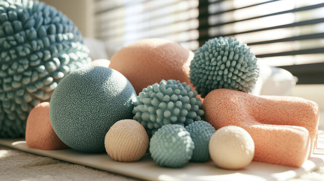 Sensory therapy balls and foam shapes in sunlight on mat with soft texture and clean room