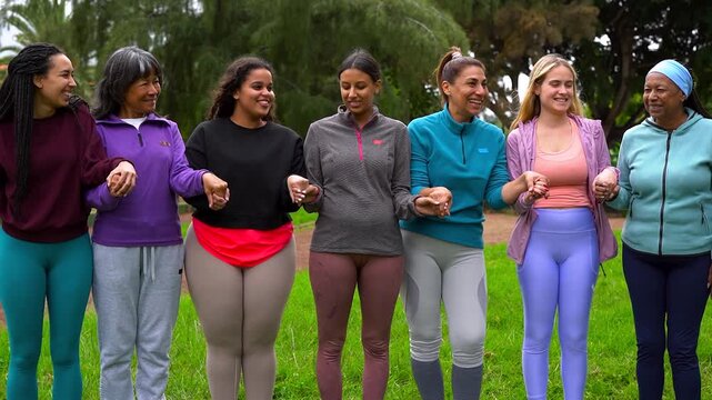 Multiracial women circle holding hands outdoor - Multi generational people with different body and age  - Meditation and connection concept