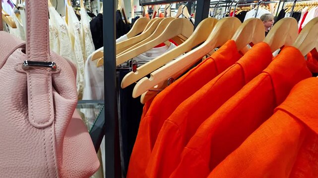 Light pink leather handbag hangs on display rack in clothing store, vibrant orange shirts on wooden hangers fill background retail merchandise area