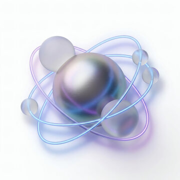 3D futuristic metallic sphere surrounded by orbiting frosted glass mini-planets and glowing neon paths, representing multi-agent AI system and collaborative artificial intelligence concept, generative