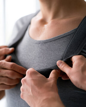 Posture corrector back brace hands strap chest torso shirt velcro support adjustment back support posture support corrective brace cotton gray closeup macro male adult skin hand fabric elastic