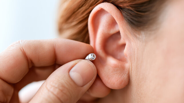 Hearing aid fitting close up ear canal clinical care hand holding tiny device near ear in bright clinic