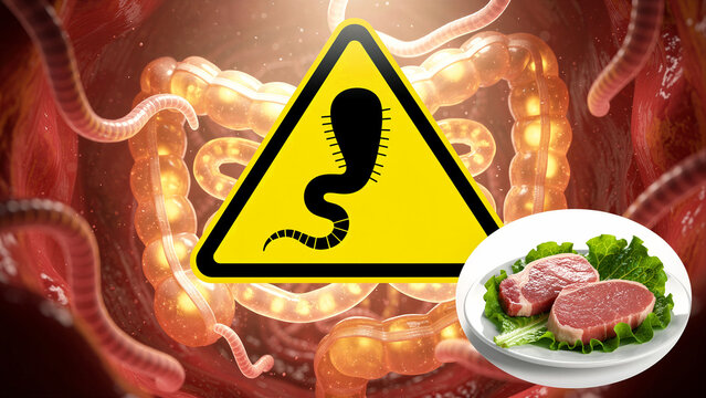 Parasitic worms in human gut with warning icon and raw meat. Medical visual of infection risk from contaminated food. Health safety concept for medical education and hygiene awareness.