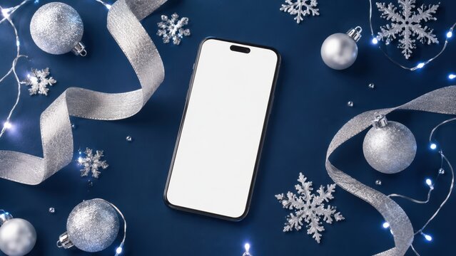 Blank smartphone screen mockup lies on a dark blue background surrounded by silver ribbons, snowflake ornaments, baubles and glowing fairy lights in a festive Christmas flat lay scene