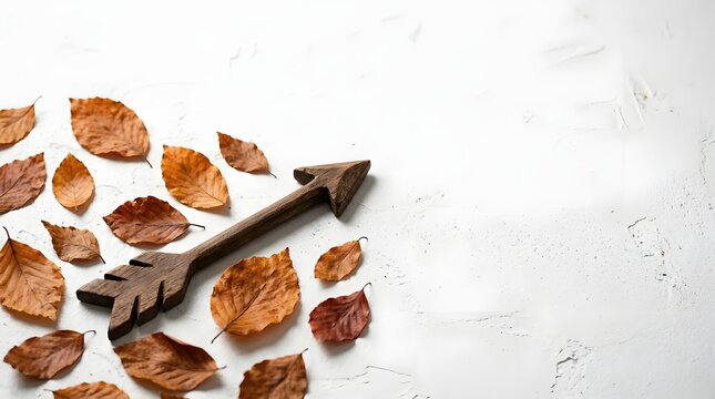 Top view of a carved dark wooden arrow pointing right on a white textured surface, surrounded by dry brown autumn beech leaves with ample copy space on the right side.