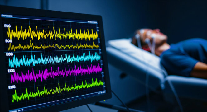Medical monitor displaying patient brain waves during sleep study. Neurological equipment tracking EEG and EMG data in clinic. Neuroscience research concept for medical diagnostics and technology.