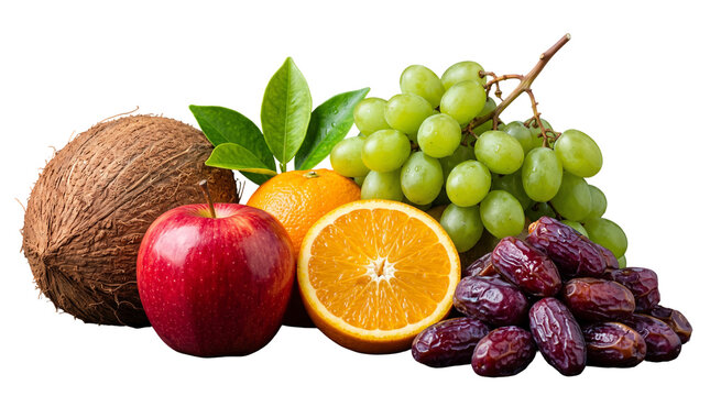 Assorted fresh exotic tropical fruits with dates grapes as transparent cutout