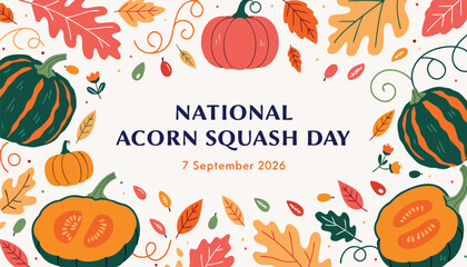 National acorn squash day greeting card with pumpkins and autumn leaves © vectyx2