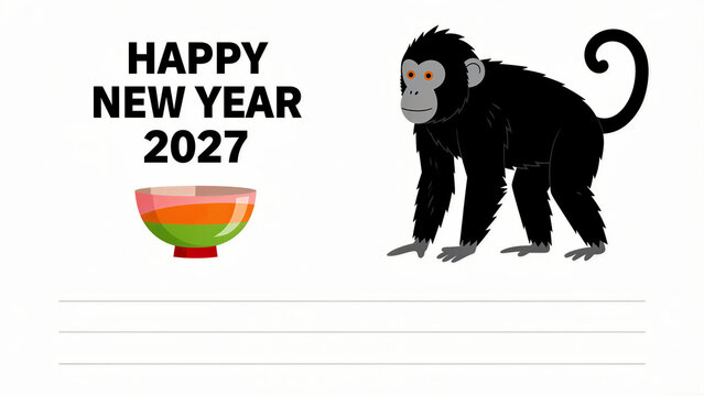 Happy New Year 2027 greeting card with black monkey illustration and traditional bowl. Japanese nengajo design on white background with writing space. Seasonal celebration card for new year 2027.