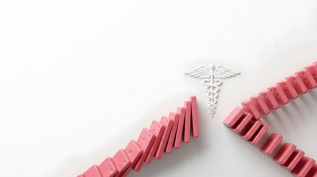 Top-down view of pink dominoes falling on a white surface, interrupted and diverted by a white medical Caduceus symbol representing healthcare intervention and disease prevention.