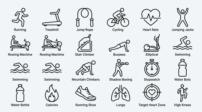 Fitness and exercise vector icon set showcasing cardio activities gym equipment sports gear heart health monitoring and physical workout tracking training routine.