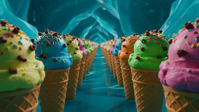 Rows of colorful ice cream cones in an abstract blue tunnel. Vibrant scoops with sprinkles arranged in symmetrical perspective. Summer treats fantasy concept for creative food marketing.