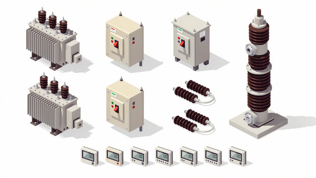 Isometric collection of electrical power substation equipment. Set features high voltage transformers, control panels, and digital meters. Industrial utility concept for engineering and grid design.