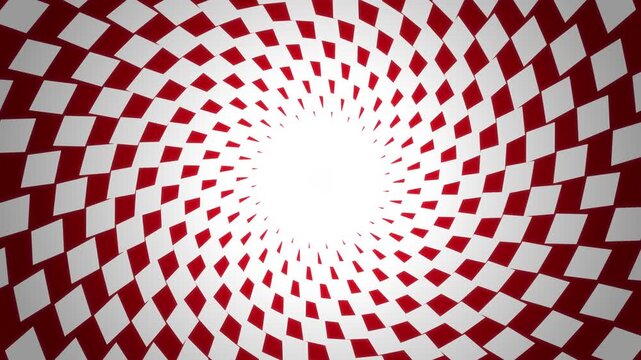Abstract red and white checkered tunnel motion background grid optical illusion