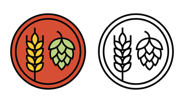Barley and hop cone icons presented in colorful flat design and simple black line art style