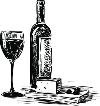 Hand drawn wine bottle and glass with cork on wooden block Vector, illustration