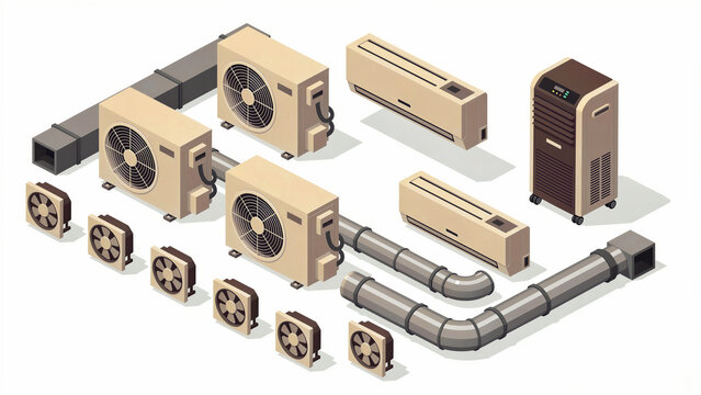 Isometric illustration of HVAC equipment including air conditioners, compressors, and ventilation ducts. Various heating, cooling, and air filtration units displayed on a white background. Climate.