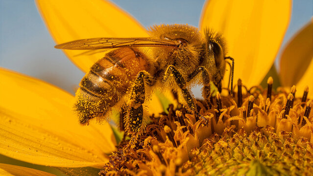 Honey bee covered in pollen on a vibrant sunflower. Macro photography capturing insect details and nectar collection. Pollination and biodiversity theme for ecology marketing.