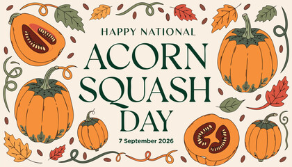 Happy national acorn squash day greeting card with pumpkins and leaves © vectyx2