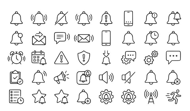Bell Notification Line Icons Set Including Alarm, Message, Calendar, Warning, Star and Signal Symbols for App and Web D