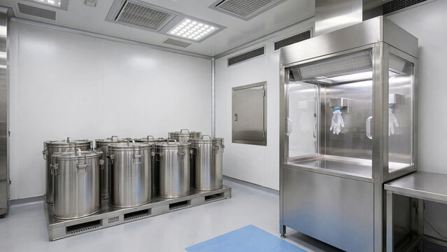 Pharmaceutical raw material quarantine area with stainless steel drums and sampling booth in sterile cleanroom environment