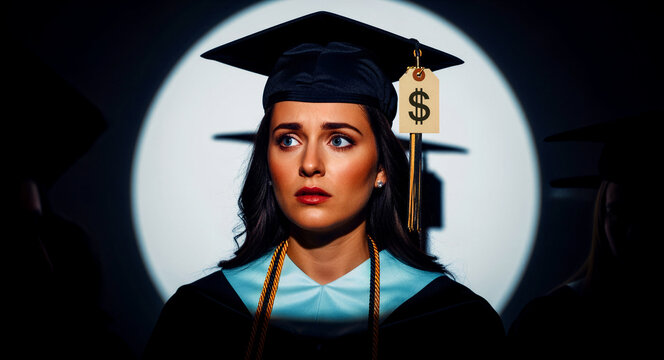 Concerned female graduate in cap and gown with a dollar sign price tag. Student looking worried about financial expenses. Education debt concept for student loan and tuition fee articles.