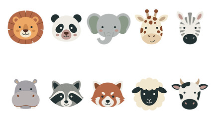 Cute animal faces cartoon illustration lion panda elephant giraffe zebra hippo raccoon sheep cow. © Ananna