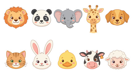 Fototapeta premium Cute cartoon animal faces, a lion, panda, elephant, giraffe, puppy, kitten, bunny, chick, cow, and sheep, with happy expressions for children.