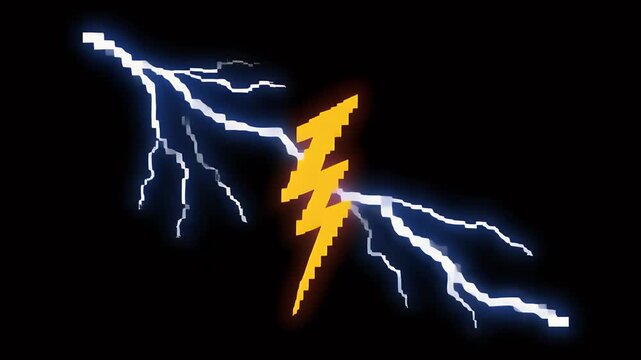 Pixel sprite lightning bolt flicker, isolated black background 