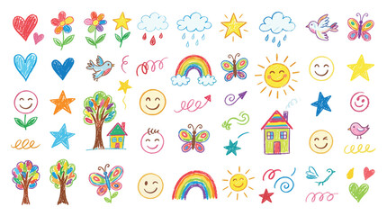 Fototapeta premium Cute hand drawn doodle set of colorful children's drawings, including hearts