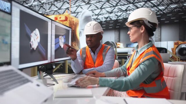 Engineer And Designer Working Together On Satellite Model Assembly