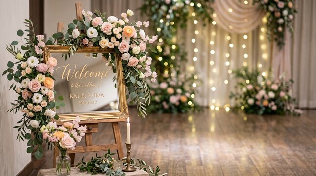 エレガントな結婚式のウェルカムボードと華やかな装花スペース