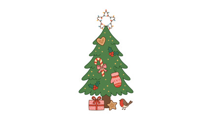 Obraz premium Charming Vector Illustration of a Decorated Christmas Tree with Gift Box, Festive Holiday Design Element