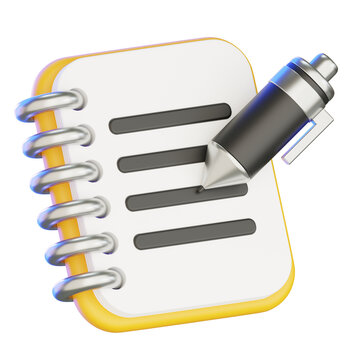3D rendering spiral notepad with black pen icon for writing and note taking