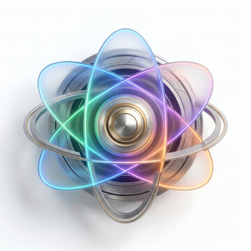 3D futuristic quantum atom structure with metallic nucleus and glowing multi-color probability cloud orbits, representing quantum computing and superposition state, generative AI