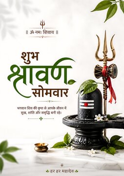 Shravan Maas Festival Illustration with Shivling Trident Damru and Sacred Bilva Leaves