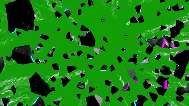 Abstract Digital Neon Shards Exploding on Green Screen Background