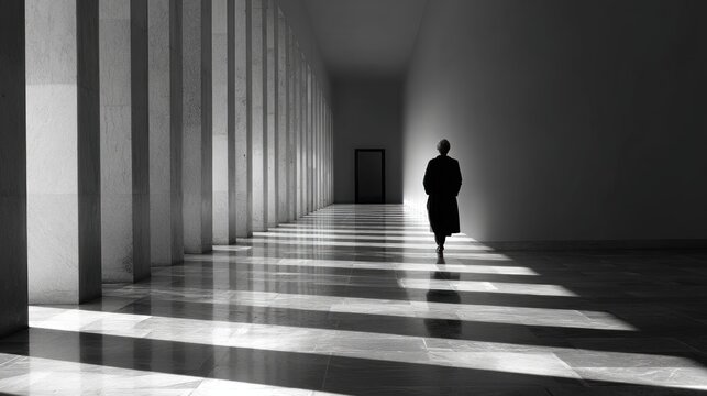 Person walking down hallway with columns